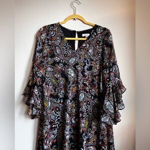 Calvin Klein Paisley Cascade Flare Sleeves Shift Dress